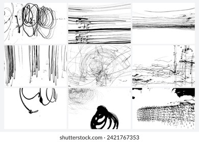 Scribble pen or pencil strokes brush set. Drawn chaotic randomized abstract black white patterns scratches. Random doodle covers, posters and cards. Black charcoal pencil sketch textures Vector.