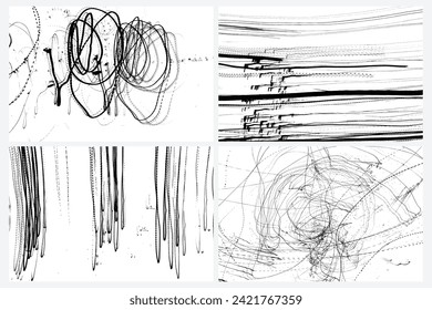 Scribble pen or pencil strokes brush set. Drawn chaotic randomized abstract black white patterns scratches. Random doodle covers, posters and cards. Black charcoal pencil sketch textures Vector.