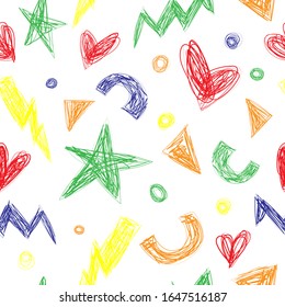 Scribble pen shapes seamless pattern. Color handwritten hearts, stars,  triangles, circles in scrawl style. Great for textile, wrapping, wallpaper.