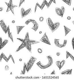 Scribble pen shapes seamless pattern. Monochrome handwritten hearts, stars,  triangles, circles in scrawl style. Great for textile, wrapping, wallpaper.