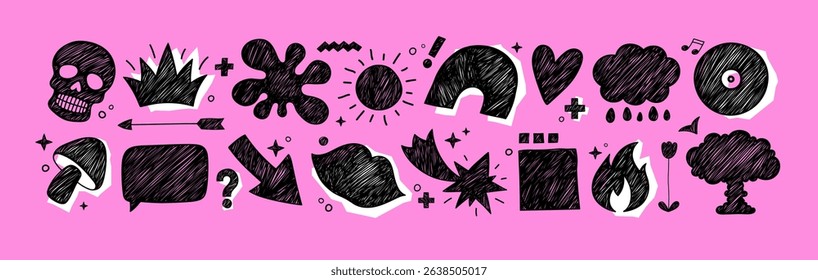Scribble pen sketches of hand drawn shapes. Doodle pencil icons of abstract elements, star, flower, arrow and crown. Cute scribble silhouettes of skull, speech bubble and mushroom, vector illustration