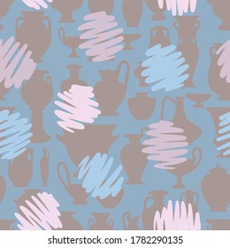 scribble Polka dots seamless pattern. Decorative hand drawn circles on antique vases shapes and silhouettes texture. Vintage crockery background