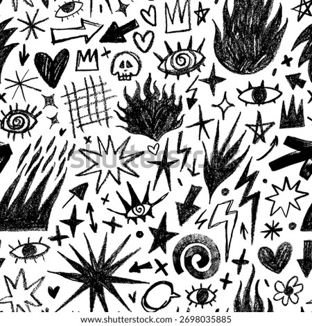 Scribble punk seamless pattern with crayon drawn fire, stars, and lightnings. Hand drawn rock and roll vibes. Graffiti doodle seamless background with funky punk stickers and illustrations.