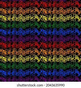 Scribble Regenbogenfarben LGBT-Fahne auf schwarzem Hintergrund, Design-Textur, Tapete zu Hause, nahtloses Muster, Vektorgrafik