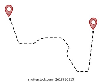 Scribble red location pins and a dotted route icon. Isolated vector drawing on a white background. 