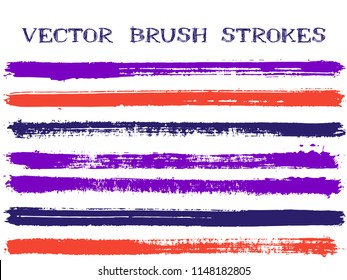 Scribble red violet blue ink brush strokes isolated design elements. Set of paint lines. Dirty Ink brushes stripes isolated on white, vector colors guide book samples.