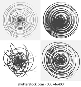 Crítica. Conjunto de cuatro fondo de fondo abstracto. Patrón concéntrico espiral. Elementos de diseño vectorial en blanco y negro. Forma redonda.