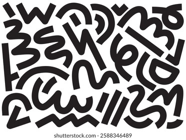 Scribble shape backdrop. Bold scribbles, lines. Abstract doodle lines, arrow, circle, zig zag. For textiles, fabrics, wallpaper, backdrop, paper. Vector illustration