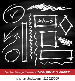 Scribble shapes hand drawn in chalk on chalkboard background , vector design elements