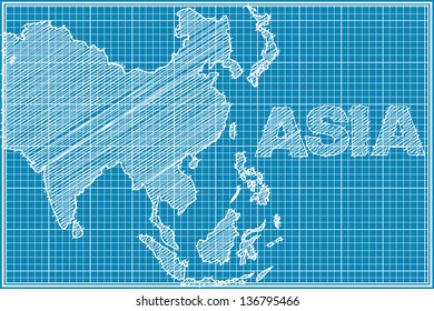 scribble sketch of Asia map on blueprint