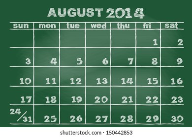 scribble sketch of August 2014 calendar on blackboard