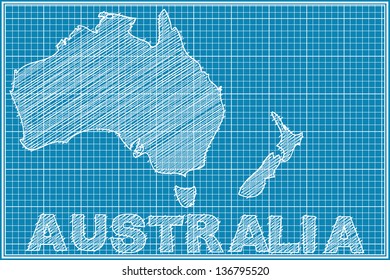 scribble sketch of Australia  map on blueprint
