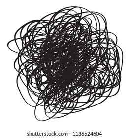 Scribble sketch. Background with array of lines. Tangled and chaos on white. Intricate chaotic texture. Universal pattern. Art creation. Black and white illustration. Print for polygraphy