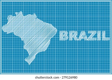 scribble sketch of Brazil map on blueprint,Vector illustration.