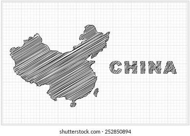 scribble sketch of China map on grid,Vector illustration.