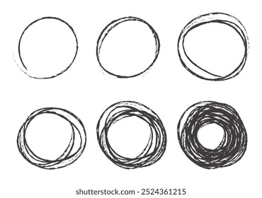 Scribble esboço círculo rabisca elementos vetor gráfico mão desenhado ilustração conjunto, lápis lápis rascunho negrito linha fina anel formas grunge estilo design imagem clip art, aflita traço circular