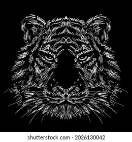 Scribble, Sketch And Doodle Isolated Muzzle Of A Tiger Like A Childish Kinetic Drawing. Spontaneous Lines On Black Background. Can Be Used For T-shirt, Poster, Tattoo, Textile, Element For Card Design