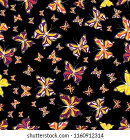 Scribble, sketch, doodle. Seamless pattern. Plaid butterfly for textile print. Illustration on black, yellow and purple colors. Vector illustration.