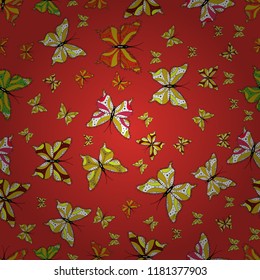 Scribble, sketch, doodle. Seamless pattern of colorful butterfly on a orange, yellow and white background. Vector. Picture on orange, yellow and white colors.