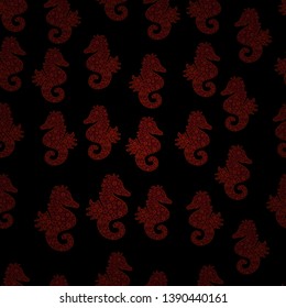 Scribble, sketch, doodle. Vector. Seamless pattern. Perfect for surface textures, wallpapers, web page backgrounds, textile. Tigertail Seahorse cutout. Seahorse on red, black and brown background.