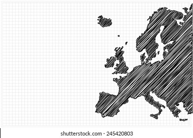 Scribble Sketch Of Europe Map On Grid,Vector Illustration.