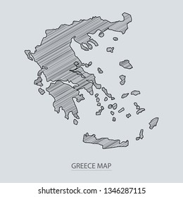 Scribble sketch of Greece map and Country name on gray background. Symbol for your web site design map logo. scribble map of Europe. app, ui, Travel vector eps10, concept Illustration.