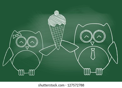 scribble sketch of Ice cream and owl on blackboard