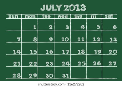 scribble sketch of  July 2013 calendar  on blackboard