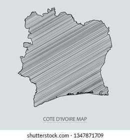Scribble sketch of Côte d’Ivoire map and Country name on gray background. Symbol for your web site design map logo. scribble map of Africa. app, ui, Travel vector eps10, concept Illustration.