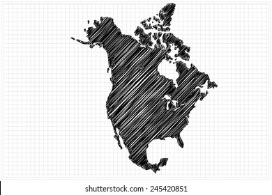 scribble sketch of North America map on grid,Vector illustration.