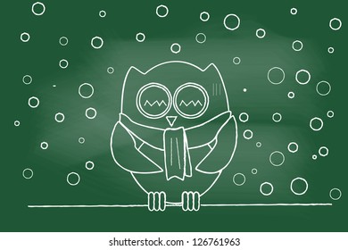 scribble sketch of Owl in the Winter  on blackboard