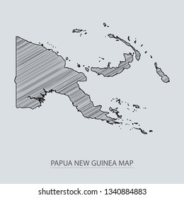 Scribble sketch of Papua New Guinea map and Country name on gray background. Symbol for your web site design map logo. scribble map of Oceania. app, ui, Travel vector eps10, concept Illustration.