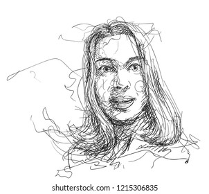 Scribble sketch portrait of beautiful surprised woman, Vector hand drawn illustration