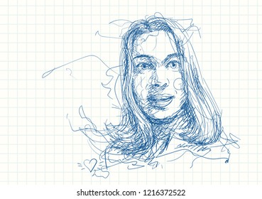 Scribble sketch portrait of beautiful surprised woman, Blue pen on square grid notebook page, Hand drawn vector illustration