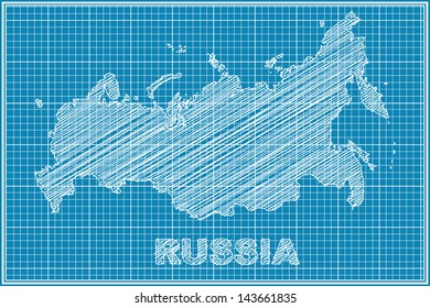 scribble sketch of Russia map on blueprint