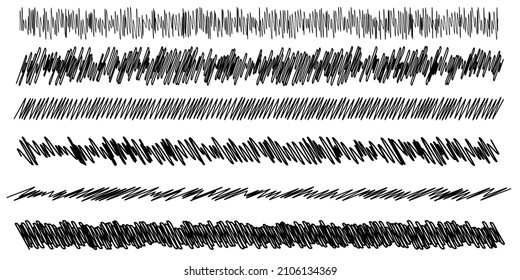 Scribble, sketch, sketchy doodle horizontal line dividers. Wavy, waving, wave and billowy, zigzag, criss-cross lines