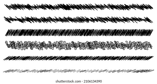 Scribble, sketch, sketchy doodle horizontal line dividers. Wavy, waving, wave and billowy, zigzag, criss-cross lines
