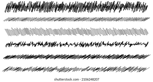 Scribble, sketch, sketchy doodle horizontal line dividers. Wavy, waving, wave and billowy, zigzag, criss-cross lines