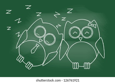 scribble sketch of sleepy owl on blackboard