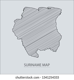 Scribble sketch of Suriname map and Country name on gray background. Symbol for your web site design map logo. scribble map of South America. app, ui, Travel vector eps10, concept Illustration.