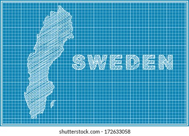 scribble sketch of Sweden map on blueprint