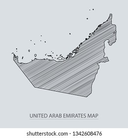 Scribble sketch of United Arab Emirates map and Country name on gray background. Symbol for your web site design map logo. scribble map of Asia. app, ui, Travel vector eps10, concept Illustration.