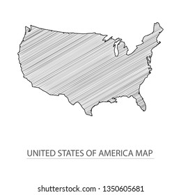 Scribble sketch of USA map and Country name on white background. Symbol for your web site design map logo. 