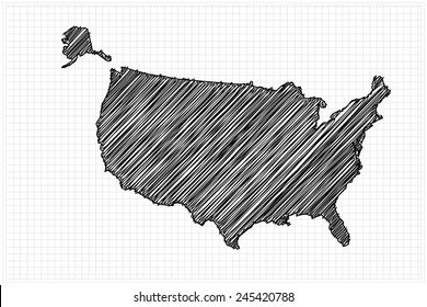 Scribble Sketch Of USA Map On Grid,Vector Illustration.