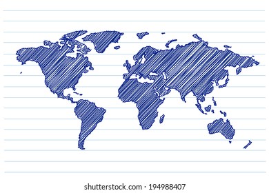 esbozo garabateado del mapa mundial en una hoja de papel