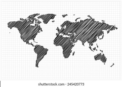 scribble sketch of World map on grid,Vector illustration.
