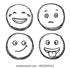 Scribble smile. Hand drawn positive emoji. Vector doodle emoticon sketch illustration. Scribble smile with smirk expression, laughter, confusion, happiness emotion on face isolated icon set on white