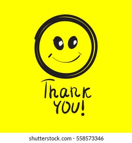 Scribble smiley face. Hand drawn smiling face with letters thank you. Vector illustration.