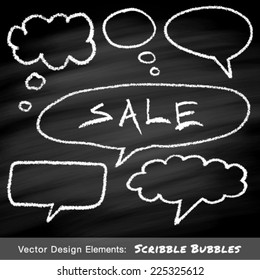Scribble speech and thought bubbles hand drawn in chalk on blackboard. Vector illustration.