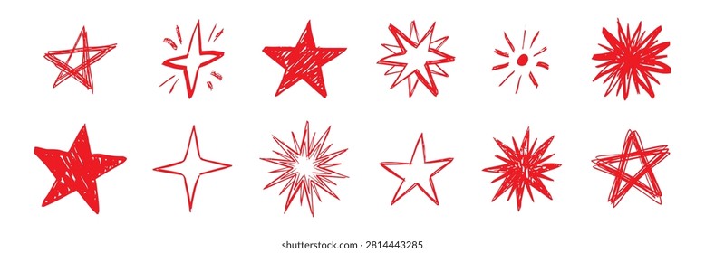 Scribble star doodle set, hand drawn sparkle and twinkle starburst icon vector elements. Messy sketch cosmic shape, crosshatch texture outline graphic assets. Yellow crayon doodle star shape icon set